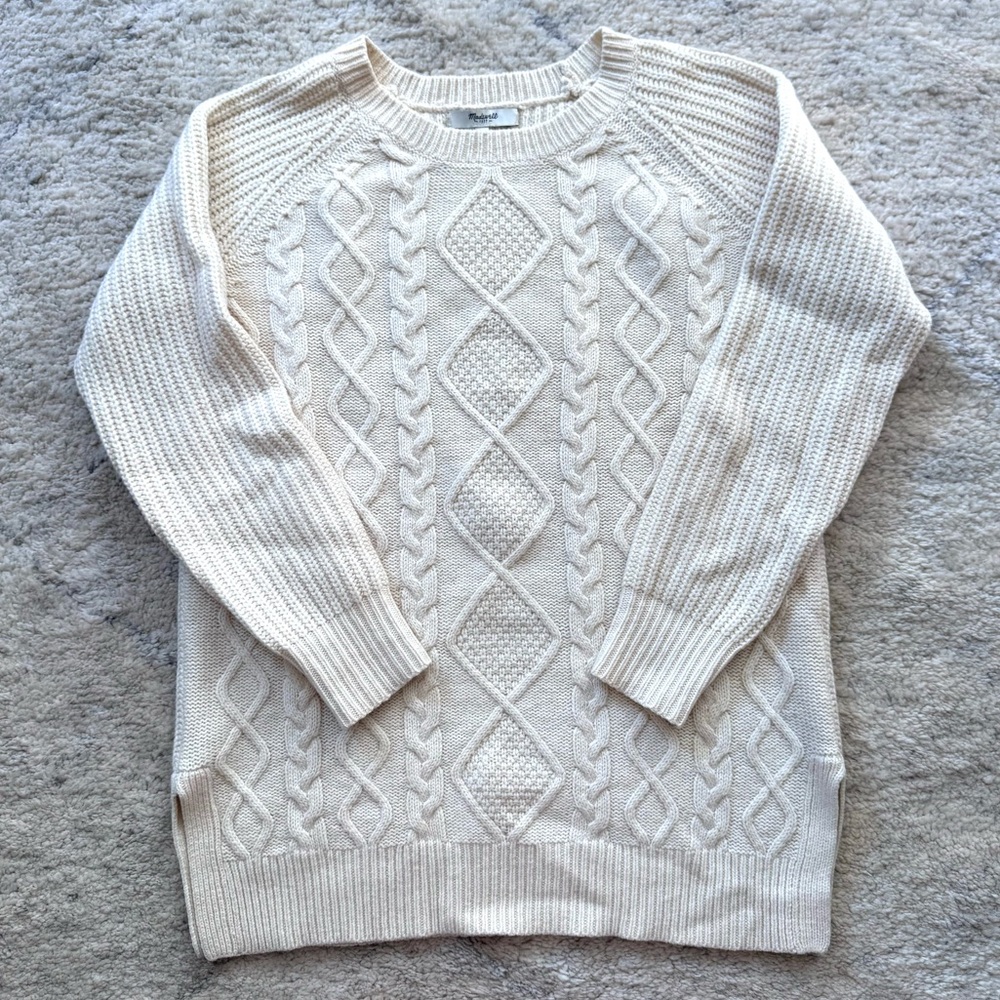 Madewell Cream Cable Knit Long-Sleeve Crewneck Sweater
